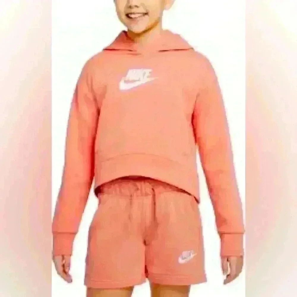 Nike Hoodie‎ and Shorts Set Kids Size Medium Coral Excellent Cropped Sportswear